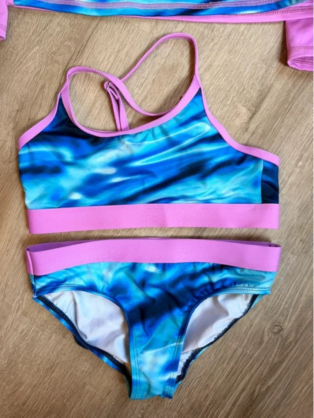 Lands' End Girl’s Three-Piece Rash Guard Swim Set - Blue and Pink, Size 7